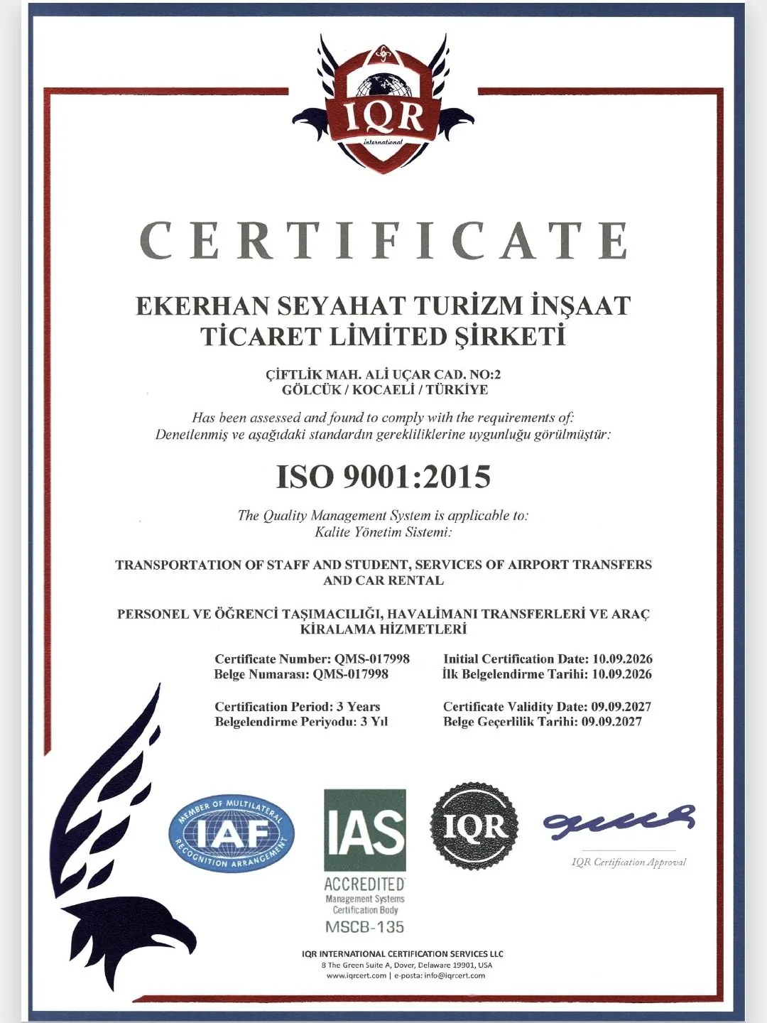 ISO 9001 — Ekerhan Seyahat belge
