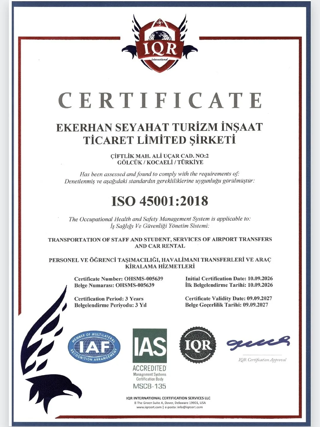 ISO 45001 — Ekerhan Seyahat belge