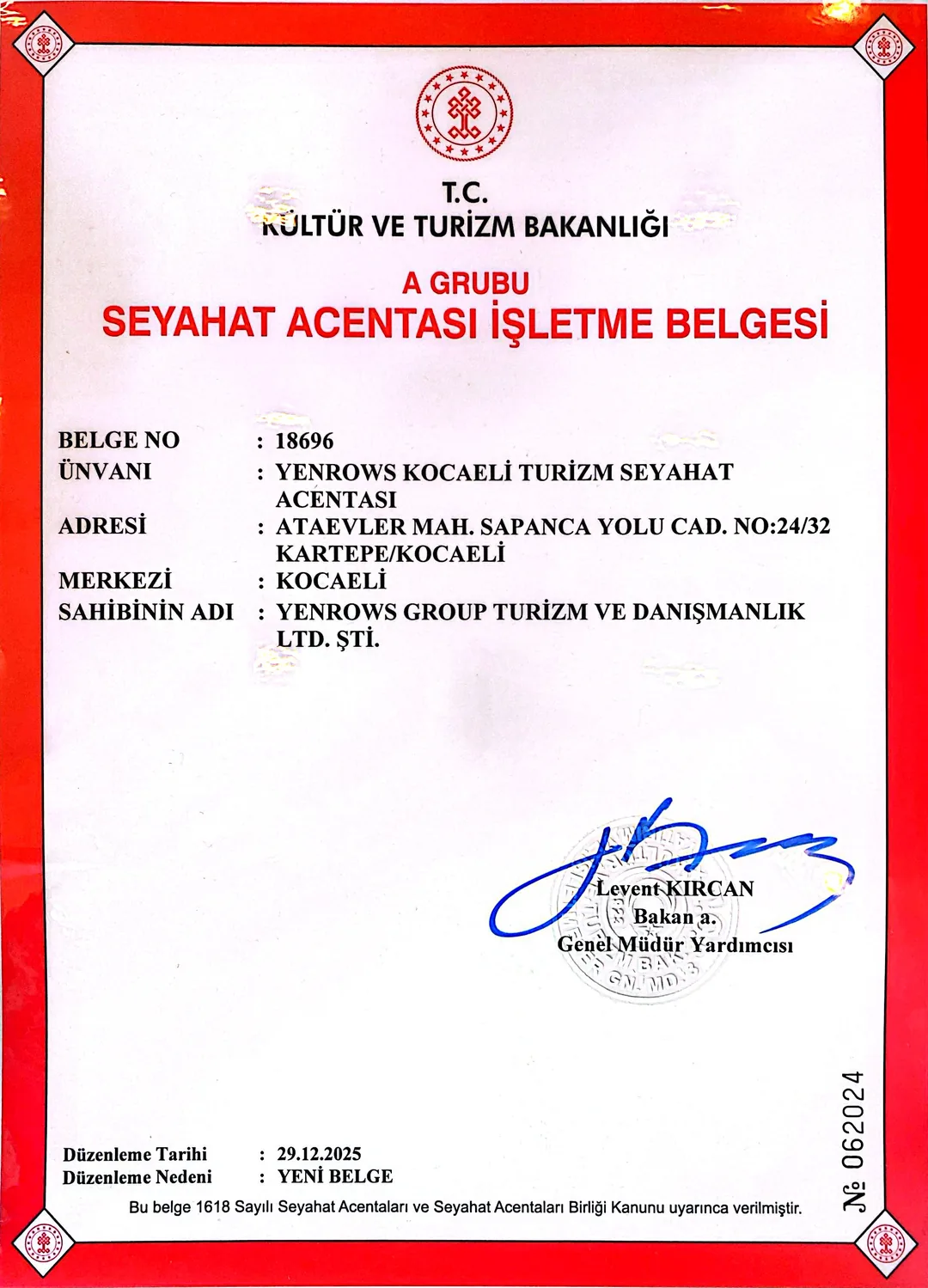A Grubu Seyahat Acentası İşletme Belgesi